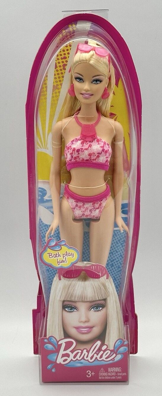 2010 Mattel Barbie T7184 Bath Play Fun Pink Bathing Swimsuit Bikini 12" Doll